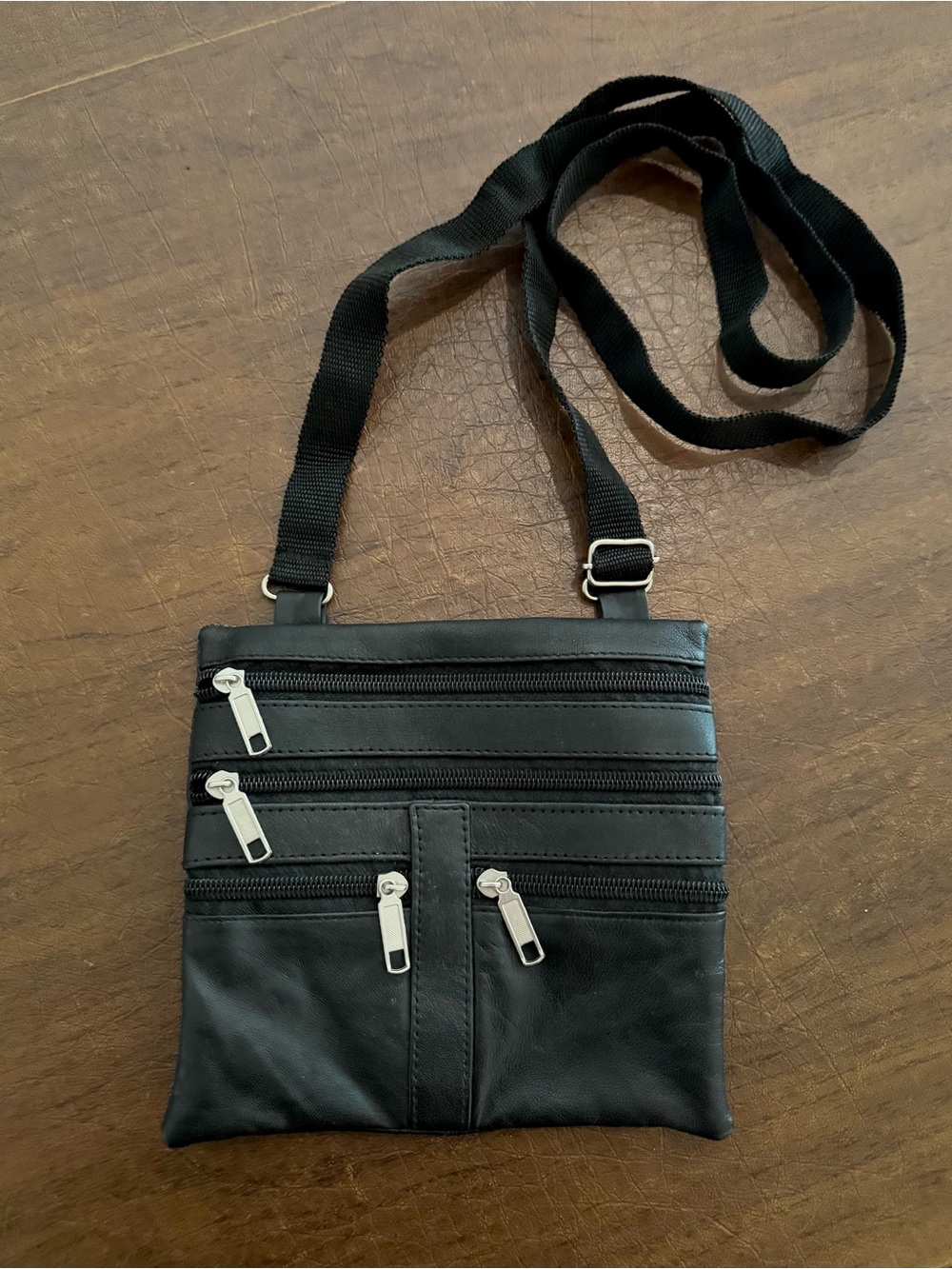 Black Leather Multi-Zip Crossbody Bag 5 pockets with belt loop silver hardware